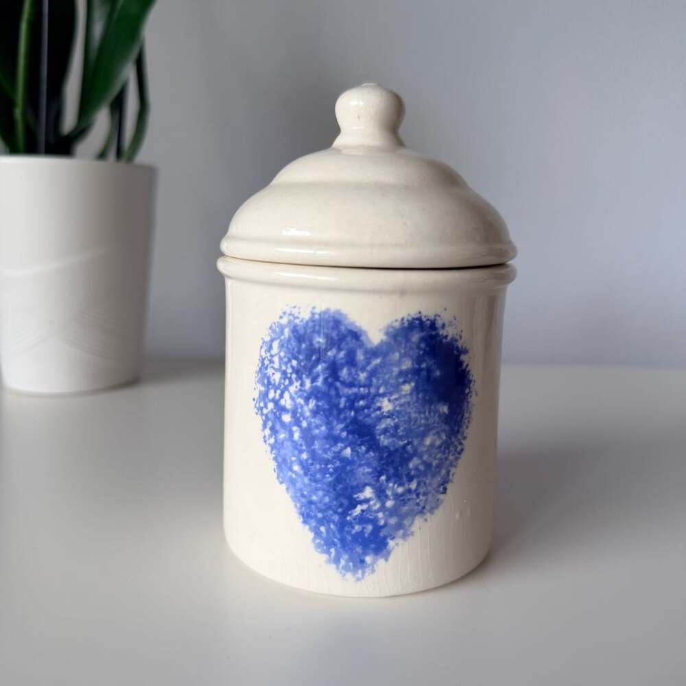 Paula Cottle Blue Heart Ceramic Canister with Lid